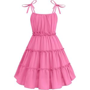 Arshiner Girls’ Summer Sundress Boho Spaghetti Strap Ruffled Tiered Dresses Casual Midi Cami Dress(Hot Pink)