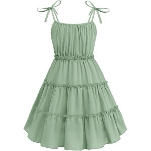 Arshiner Girls’ Summer Sundress Boho Spaghetti Strap Ruffled Tiered Dresses Casual Midi Cami Dress(Light Green)