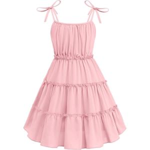 Arshiner Girls’ Summer Sundress Boho Spaghetti Strap Ruffled Tiered Dresses Casual Midi Cami Dress(Light Pink)