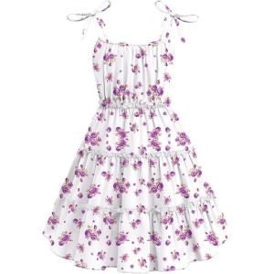 Arshiner Girls’ Summer Sundress Boho Spaghetti Strap Ruffled Tiered Dresses Casual Midi Cami Dress(Purple-floral)
