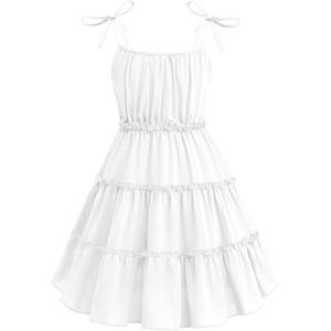 Arshiner Girls’ Summer Sundress Boho Spaghetti Strap Ruffled Tiered Dresses Casual Midi Cami Dress(White)
