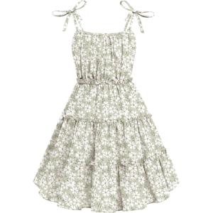 Arshiner Girls’ Summer Sundress Boho Spaghetti Strap Ruffled Tiered Dresses Casual Midi Cami Dress(White-floral)