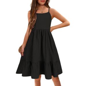 Arshiner Girl’s Summer Sundress Spaghetti Strap Solid Linen Midi Dress Casual Cami Dresses(Black)