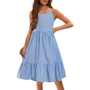 Arshiner Girl’s Summer Sundress Spaghetti Strap Solid Linen Midi Dress Casual Cami Dresses(Blue Stripes)