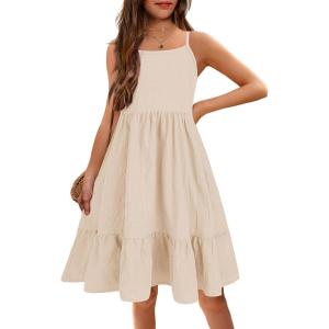 Arshiner Girl’s Summer Sundress Spaghetti Strap Solid Linen Midi Dress Casual Cami Dresses(Khaki)