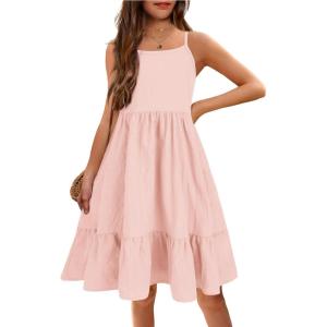 Arshiner Girl’s Summer Sundress Spaghetti Strap Solid Linen Midi Dress Casual Cami Dresses(Light Pink)
