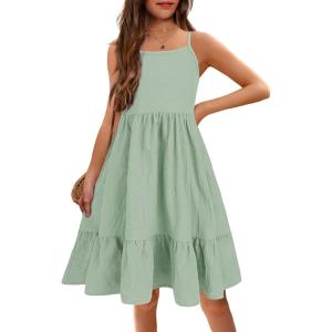 Arshiner Girl’s Summer Sundress Spaghetti Strap Solid Linen Midi Dress Casual Cami Dresses(Mint Green)