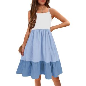 Arshiner Girl’s Summer Sundress Spaghetti Strap Solid Linen Midi Dress Casual Cami Dresses(Pat1)