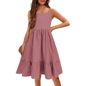 Arshiner Girl’s Summer Sundress Spaghetti Strap Solid Linen Midi Dress Casual Cami Dresses(Pink)