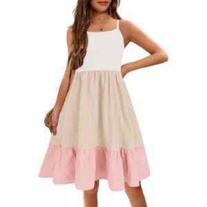 Arshiner Girl’s Summer Sundress Spaghetti Strap Solid Linen Midi Dress Casual Cami Dresses(White&pink)
