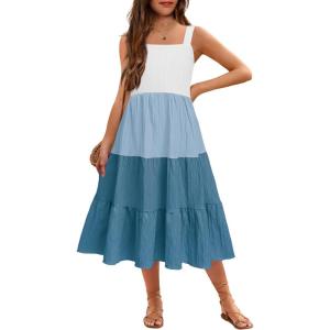Arshiner Girl’s Sundresses Summer Boho Strap Tiered Cami Maxi Dresses with Pockets(Blue Colorblock)