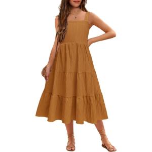Arshiner Girl’s Sundresses Summer Boho Strap Tiered Cami Maxi Dresses with Pockets(Brown)