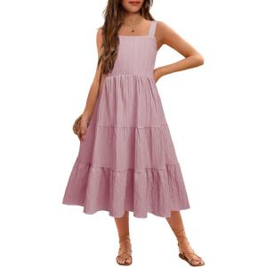 Arshiner Girl’s Sundresses Summer Boho Strap Tiered Cami Maxi Dresses with Pockets(Dark Pink)