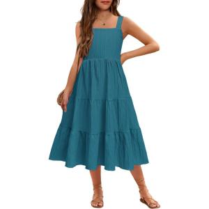 Arshiner Girl’s Sundresses Summer Boho Strap Tiered Cami Maxi Dresses with Pockets(Deep Lake Blue)