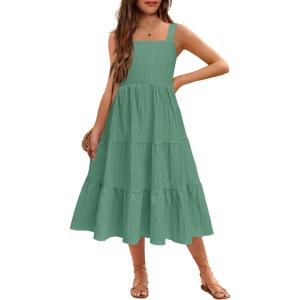 Arshiner Girl’s Sundresses Summer Boho Strap Tiered Cami Maxi Dresses with Pockets(Gray Green)