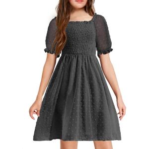 Arshiner Girls Swiss Dot Chiffon Dress Puffy Sleeve Square Neck Smocked Flowy Midi Dresses 5-14 Years(1-black)