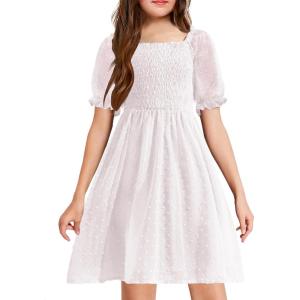 Arshiner Girls Swiss Dot Chiffon Dress Puffy Sleeve Square Neck Smocked Flowy Midi Dresses 5-14 Years(1-white)