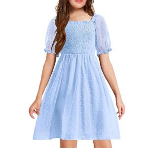 Arshiner Girls Swiss Dot Chiffon Dress Puffy Sleeve Square Neck Smocked Flowy Midi Dresses 5-14 Years(Blue)
