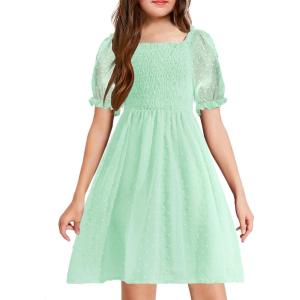 Arshiner Girls Swiss Dot Chiffon Dress Puffy Sleeve Square Neck Smocked Flowy Midi Dresses 5-14 Years(Light Green)
