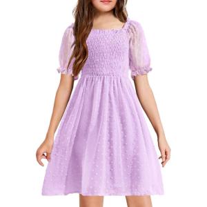 Arshiner Girls Swiss Dot Chiffon Dress Puffy Sleeve Square Neck Smocked Flowy Midi Dresses 5-14 Years(Lilac)