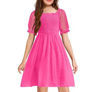 Arshiner Girls Swiss Dot Chiffon Dress Puffy Sleeve Square Neck Smocked Flowy Midi Dresses 5-14 Years(Rose Red)