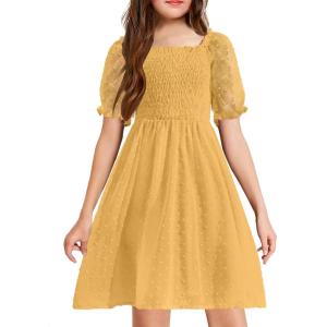 Arshiner Girls Swiss Dot Chiffon Dress Puffy Sleeve Square Neck Smocked Flowy Midi Dresses 5-14 Years(Yellow)