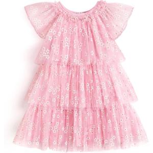 Arshiner Girls Tulle Dress Toddler Layered Tutu Dresses Rainbow Sequin Summer Party Birthday Wedding Cake Dress Photo Shoot(Pink Flower)