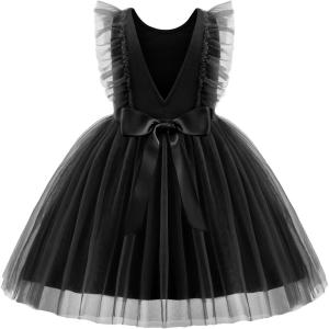 Arshiner Toddler Dress Summer Ruffle Sleeve V-Back Tie Waist Flower Girl Dresses Wedding Tulle Outfit 2-8Y(Black)