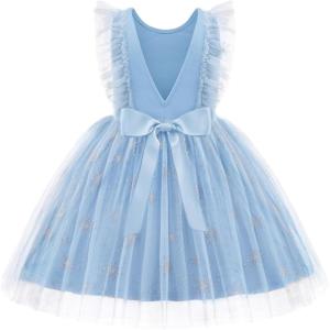 Arshiner Toddler Dress Summer Ruffle Sleeve V-Back Tie Waist Flower Girl Dresses Wedding Tulle Outfit 2-8Y(Blue Snow)