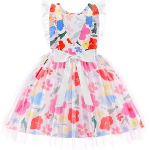 Arshiner Toddler Dress Summer Ruffle Sleeve V-Back Tie Waist Flower Girl Dresses Wedding Tulle Outfit 2-8Y(Floral on White)