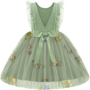 Arshiner Toddler Dress Summer Ruffle Sleeve V-Back Tie Waist Flower Girl Dresses Wedding Tulle Outfit 2-8Y(Green Flower)