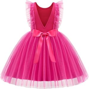 Arshiner Toddler Dress Summer Ruffle Sleeve V-Back Tie Waist Flower Girl Dresses Wedding Tulle Outfit 2-8Y(Hot Pink)