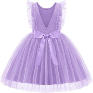 Arshiner Toddler Dress Summer Ruffle Sleeve V-Back Tie Waist Flower Girl Dresses Wedding Tulle Outfit 2-8Y(Lilac)