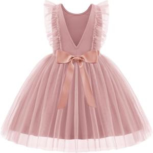 Arshiner Toddler Dress Summer Ruffle Sleeve V-Back Tie Waist Flower Girl Dresses Wedding Tulle Outfit 2-8Y(Pink)