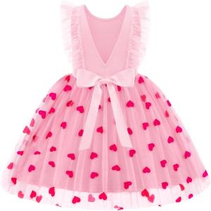 Arshiner Toddler Dress Summer Ruffle Sleeve V-Back Tie Waist Flower Girl Dresses Wedding Tulle Outfit 2-8Y(Pink Heart)