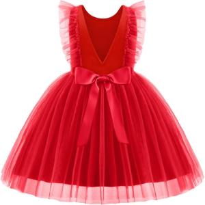 Arshiner Toddler Dress Summer Ruffle Sleeve V-Back Tie Waist Flower Girl Dresses Wedding Tulle Outfit 2-8Y(Red)