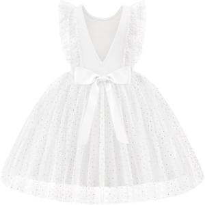 Arshiner Toddler Dress Summer Ruffle Sleeve V-Back Tie Waist Flower Girl Dresses Wedding Tulle Outfit 2-8Y(White Shiny)