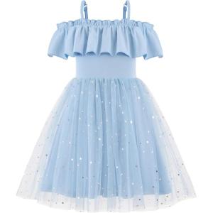 Arshiner Toddler Girl Tulle Dress Girls Sequin Summer Dresses Off Shoulder Flutter Formal Birthday Party Princess Dress(Blue)