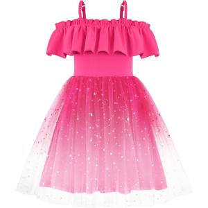 Arshiner Toddler Girl Tulle Dress Girls Sequin Summer Dresses Off Shoulder Flutter Formal Birthday Party Princess Dress(Hot Pink Gradient)