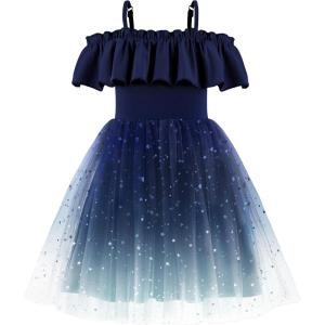 Arshiner Toddler Girl Tulle Dress Girls Sequin Summer Dresses Off Shoulder Flutter Formal Birthday Party Princess Dress(Navy Gradient)