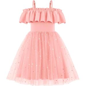 Arshiner Toddler Girl Tulle Dress Girls Sequin Summer Dresses Off Shoulder Flutter Formal Birthday Party Princess Dress(Pink)