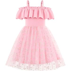 Arshiner Toddler Girl Tulle Dress Girls Sequin Summer Dresses Off Shoulder Flutter Formal Birthday Party Princess Dress(Pink-daisy)