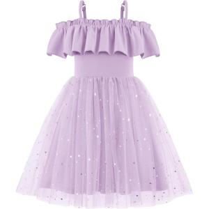 Arshiner Toddler Girl Tulle Dress Girls Sequin Summer Dresses Off Shoulder Flutter Formal Birthday Party Princess Dress(Purple)