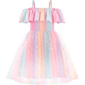 Arshiner Toddler Girl Tulle Dress Girls Sequin Summer Dresses Off Shoulder Flutter Formal Birthday Party Princess Dress(Rainbow)