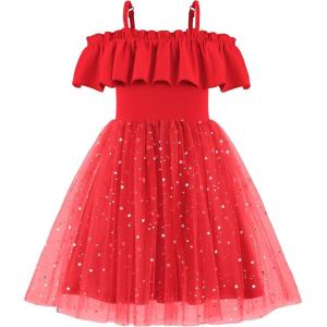 Arshiner Toddler Girl Tulle Dress Girls Sequin Summer Dresses Off Shoulder Flutter Formal Birthday Party Princess Dress(Red)