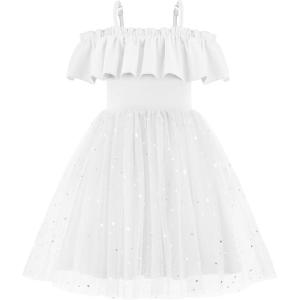 Arshiner Toddler Girl Tulle Dress Girls Sequin Summer Dresses Off Shoulder Flutter Formal Birthday Party Princess Dress(White)