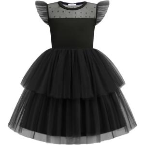 Arshiner Toddler Girls Tutu Sundress Ruffle Sleeve Double Fluffy Tiered Tulle Summer Dresses for Kids 2-8Y(Black)
