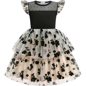 Arshiner Toddler Girls Tutu Sundress Ruffle Sleeve Double Fluffy Tiered Tulle Summer Dresses for Kids 2-8Y(Black Floral)