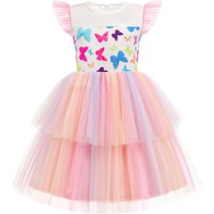 Arshiner Toddler Girls Tutu Sundress Ruffle Sleeve Double Fluffy Tiered Tulle Summer Dresses for Kids 2-8Y(Butterfly Rainbow)