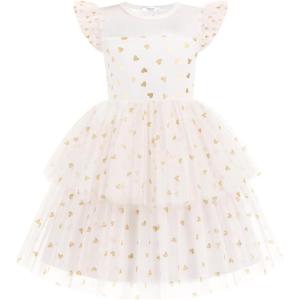 Arshiner Toddler Girls Tutu Sundress Ruffle Sleeve Double Fluffy Tiered Tulle Summer Dresses for Kids 2-8Y(Golden Heart)